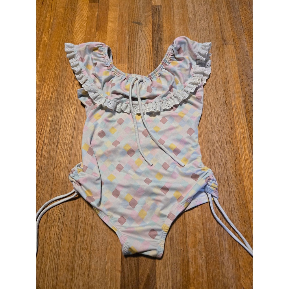 Wildling Girls 6 Geometric Diamond Checker Ruffle Eyelet One Piece Swimsuit